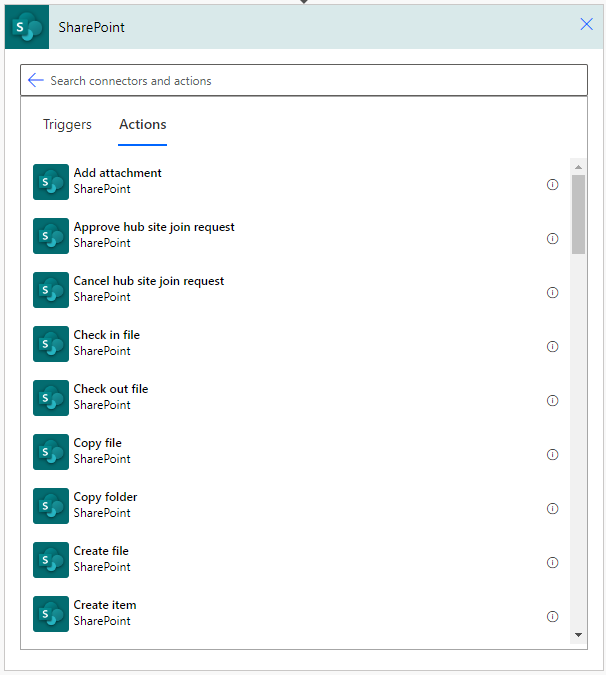 SharePoint ใน Power Automate ซึ่งมีการทำงานทั่ว ๆ ไป เช่น Get items, Create item, Update Item, Delete item, Create file, Delete file หรืออื่น ๆ อีกมากมาย