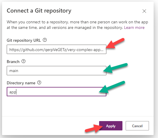11. For the branch and directory name you can enter the same as in the picture and then click Apply