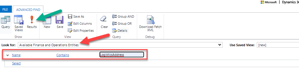 เลือก Available Finance and Operations Entities ในเมนู Drop-down และเพิ่ม Filter เลือกเฉพาะ Entity ที่ต้องการ เช่นในตัวอย่างนี้ใช้ LogisticsAddress