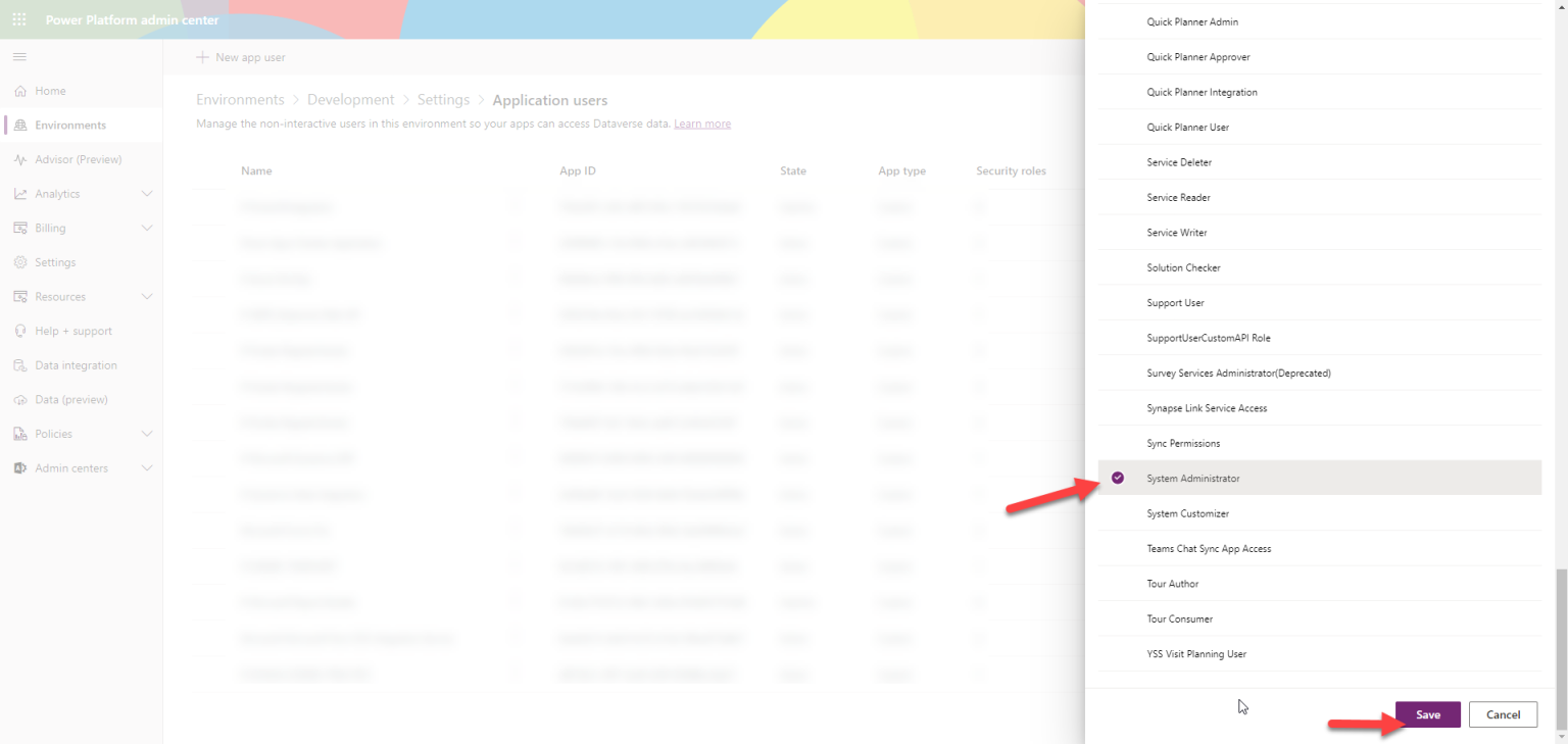 ในกรณีนี้ ผมจะกำหนด Role ของ App ให้เป็น System Administrator เพื่อให้ App สามารถอ่านข้อมูลทั้งหมดได้