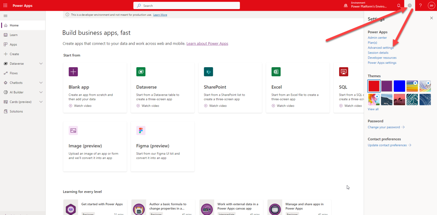 7. From Power Apps Maker Portal, Click Gears icon on the top right and then select Advanced settings