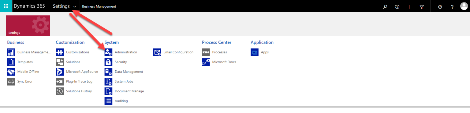 หลังจากนั้นระบบจะเปิดหน้าต่างที่เป็น Old-school version ของหน้า Dynamics 365 จากนั้นคลิกที่ “Settings” > “Administration”