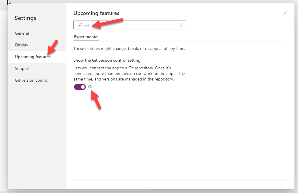 9. Search for “Git” in Upcoming features tab and then enable Show the Git version control setting