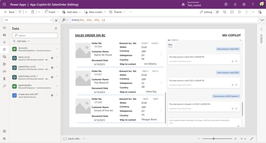 Copilot with BC and Power Apps example