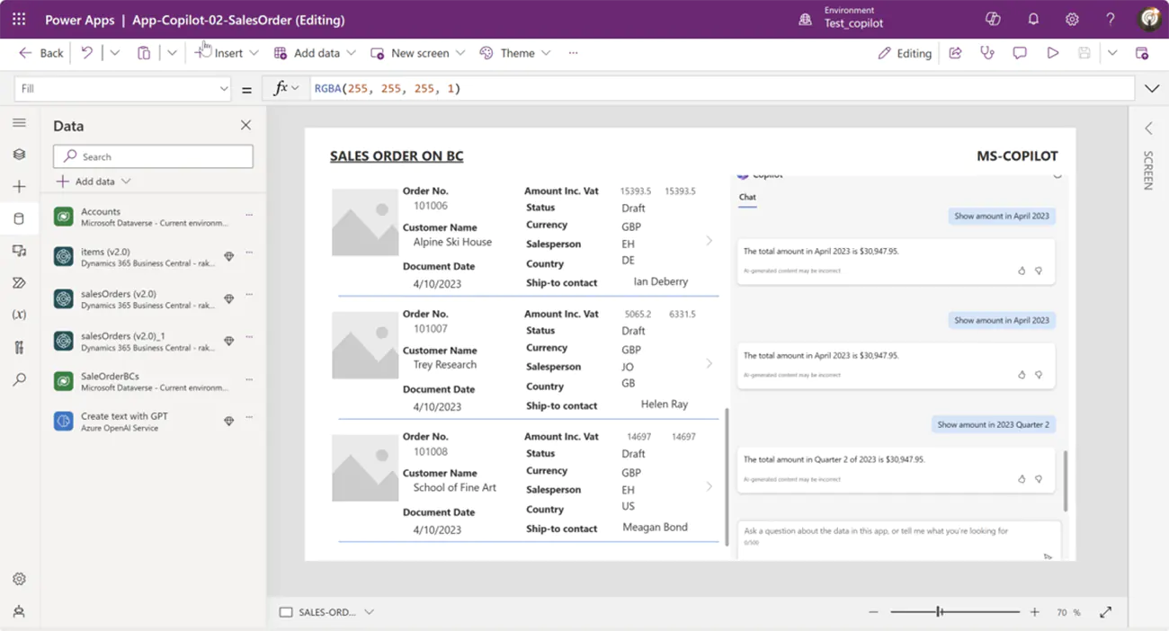 Copilot with BC and Power Apps example