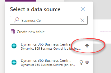 Premium Connector ใน Power Apps จะแสดงไอคอนรูปเพชร