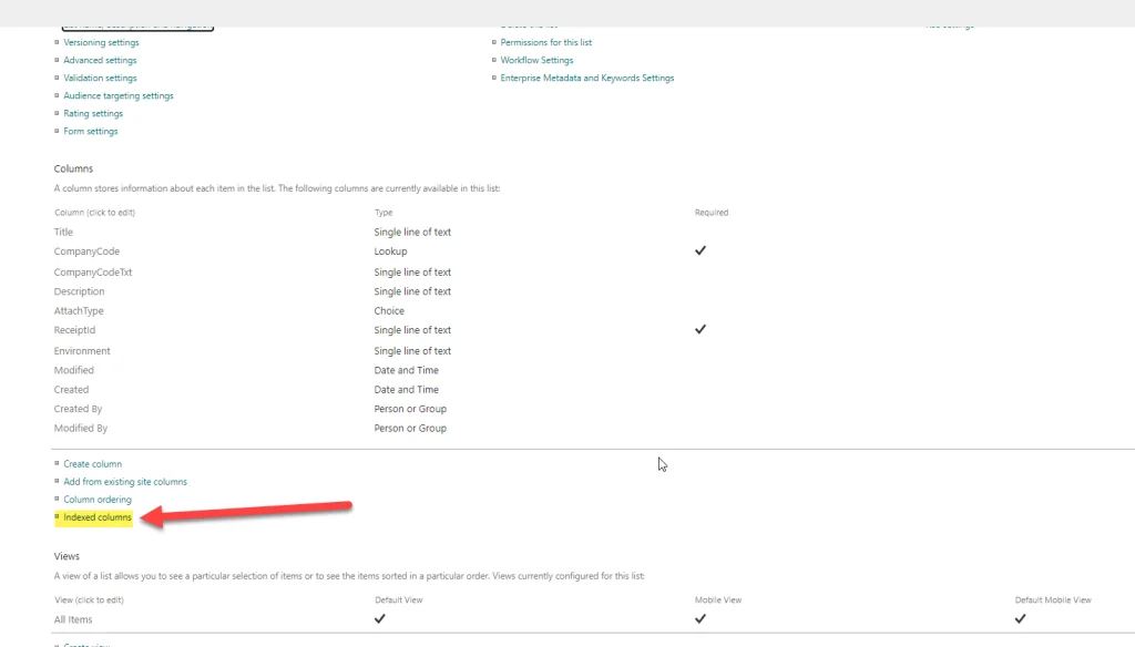 เลื่อนลงไปและคลิกที่ Indexed columns
