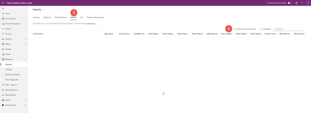 ใน Power Platform Admin Center ให้ไปที่เมนู Resources > Capacity