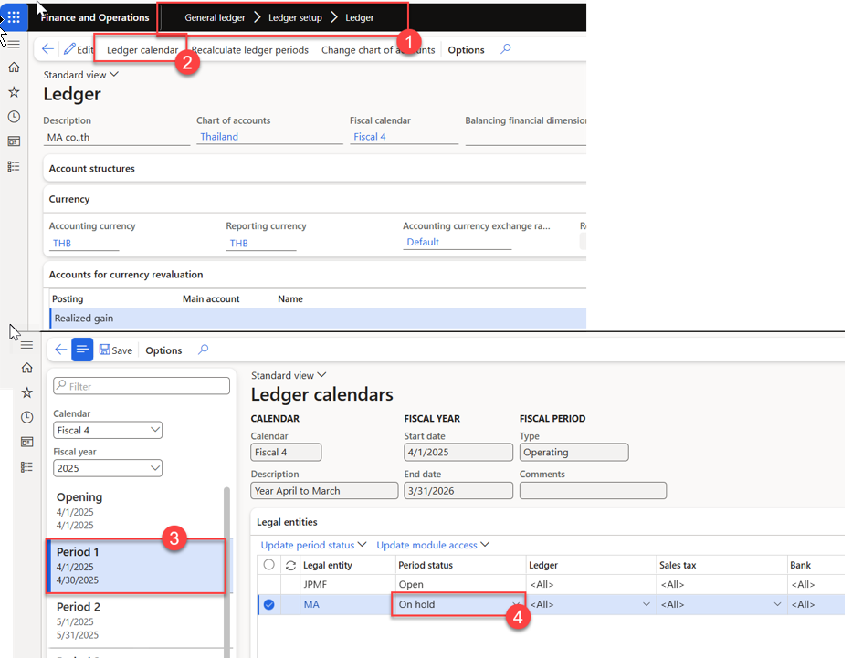 เข้าไปที่หน้า Ledger calendars แล้วเปลี่ยนสถานะ Period ที่เกี่ยวข้องให้เป็น “Open”